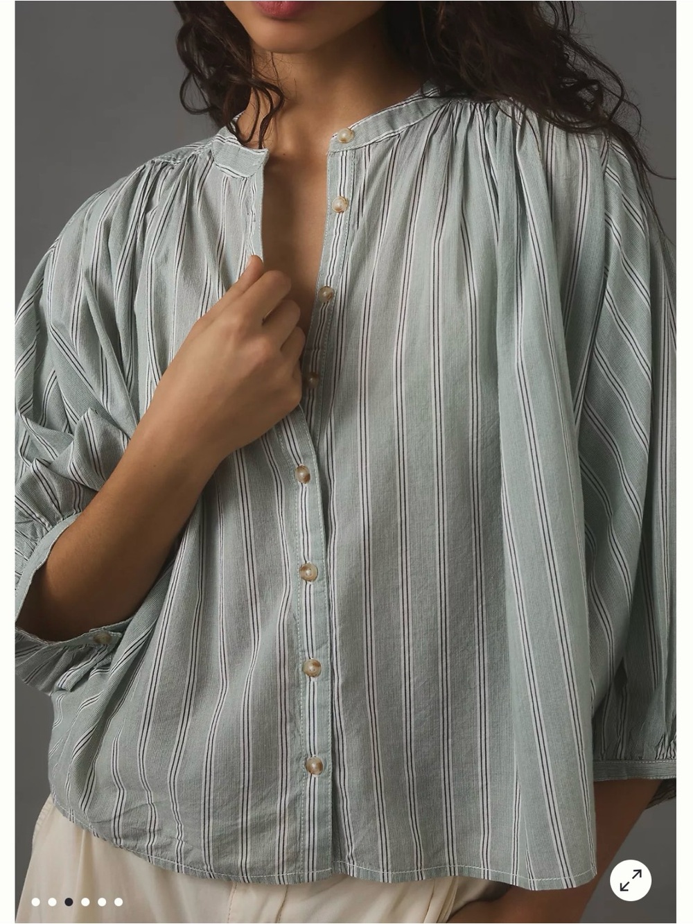 Anthropologie Green Striped Cotton Modal Button Blouse Size Medium